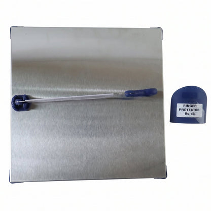 Wukusy stainless steel 2-in-1 cutting and chopping board with knife finger guard, shown with knife and food preparation surface.