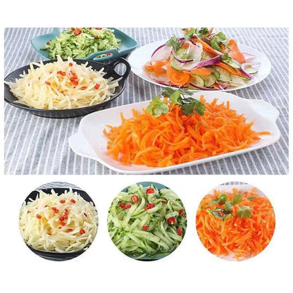 Wukusy manual rotary drum grater and slicer with three stainless steel drums for vegetable preparation.