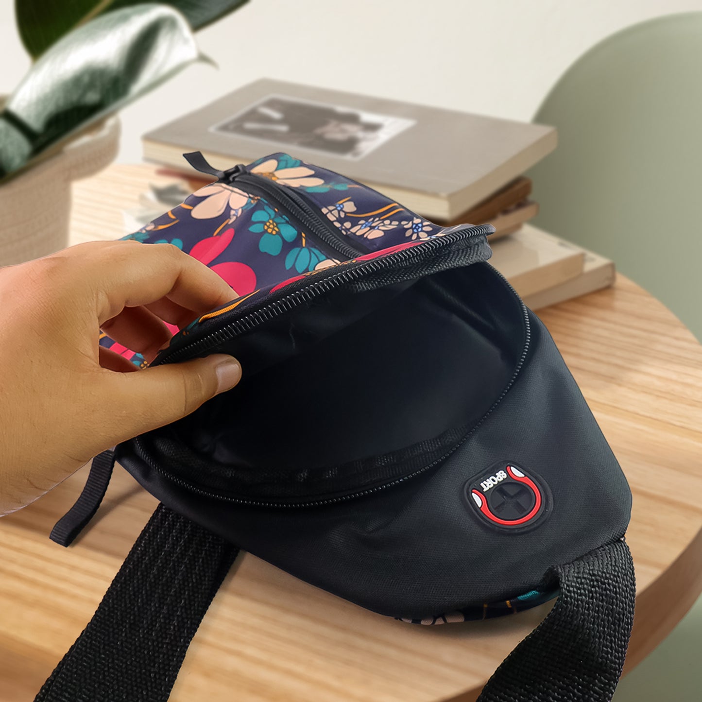 Wukusy waterproof waist bag with USB charging port, earphone hook, and shoulder strap for travel and office use.