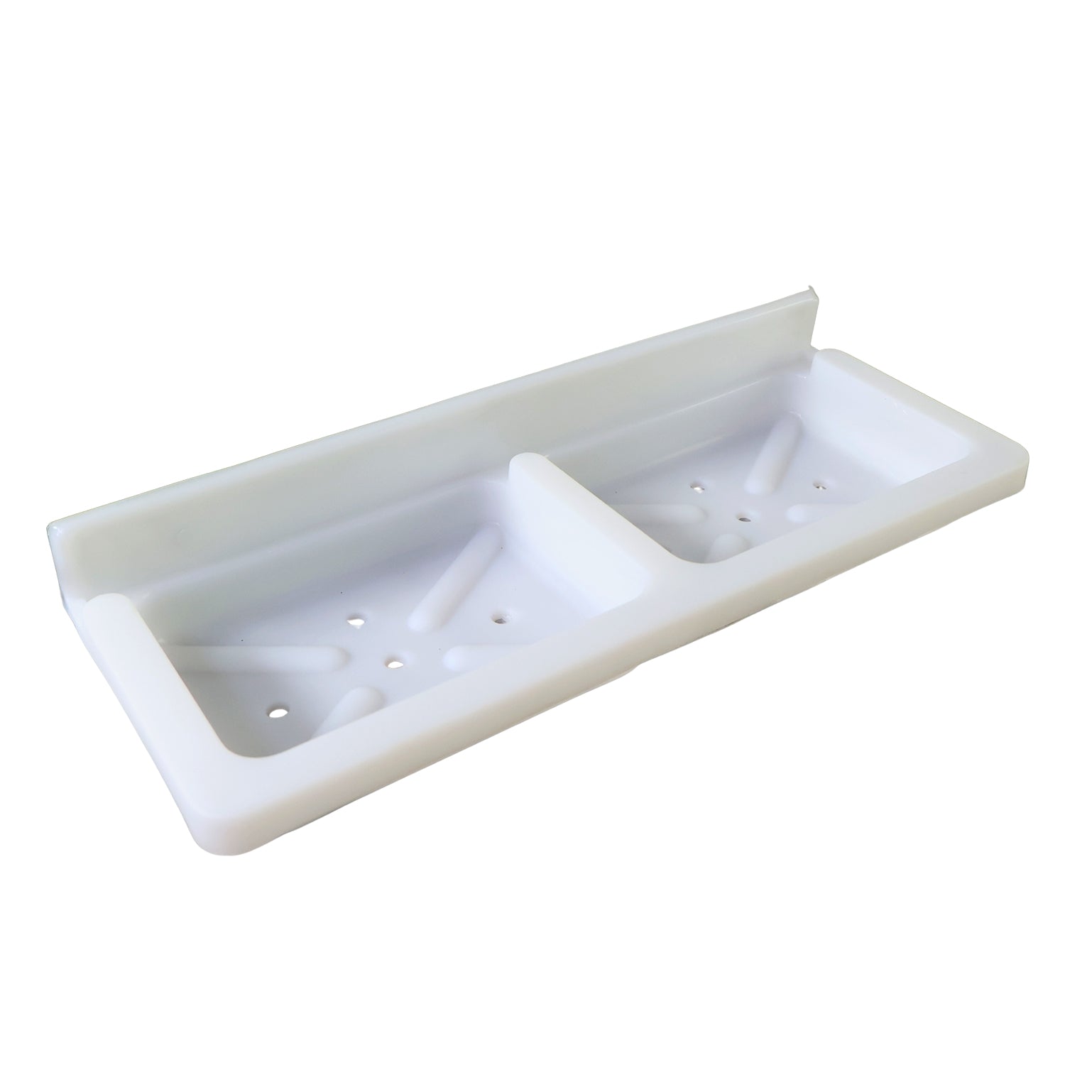 Wukusy wall-mounted double compartment soap and sponge holder for bathroom or kitchen, made of durable plastic.