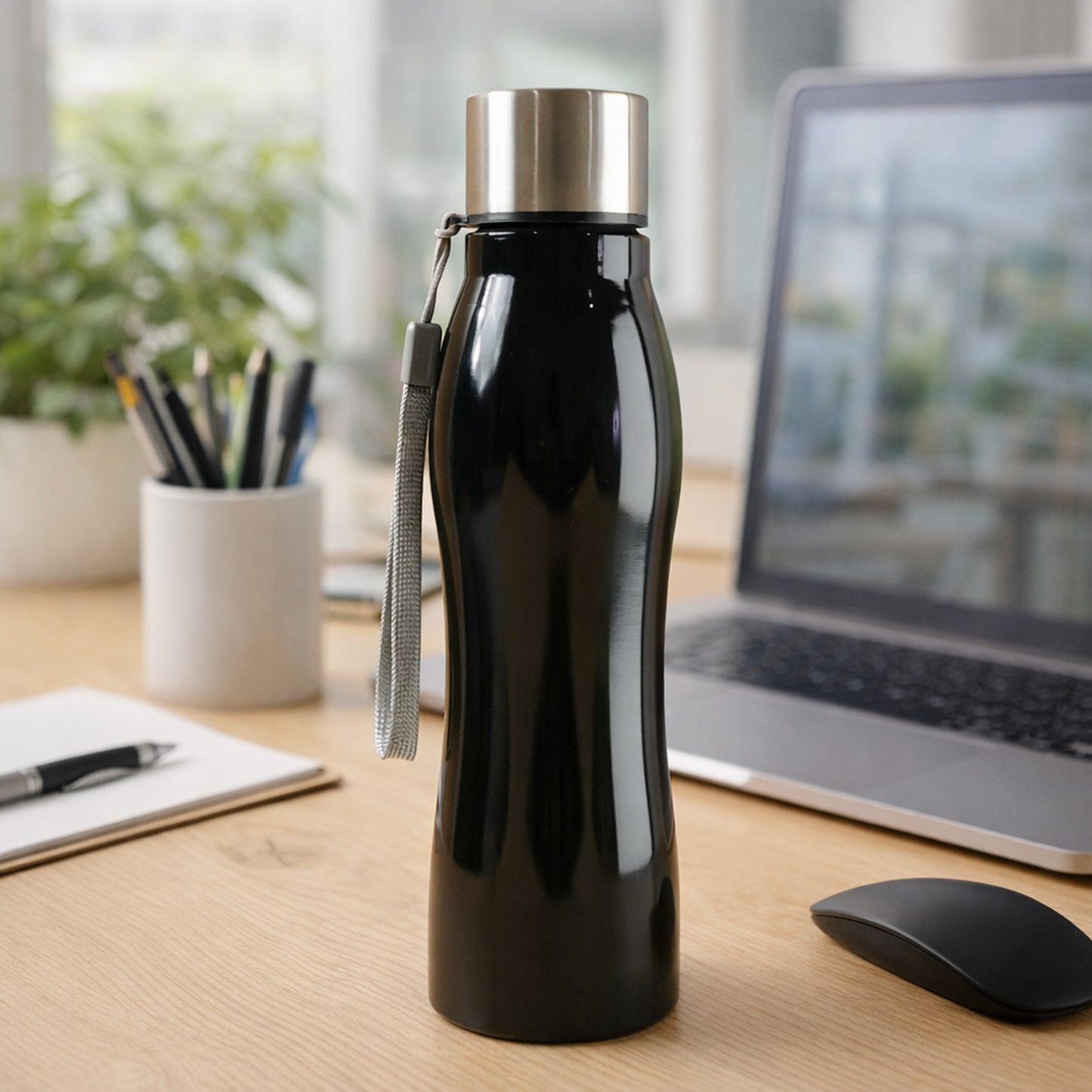 Wukusy stainless steel water bottle with carry strap, 600ml capacity, featuring a sleek silver finish and ergonomic design.