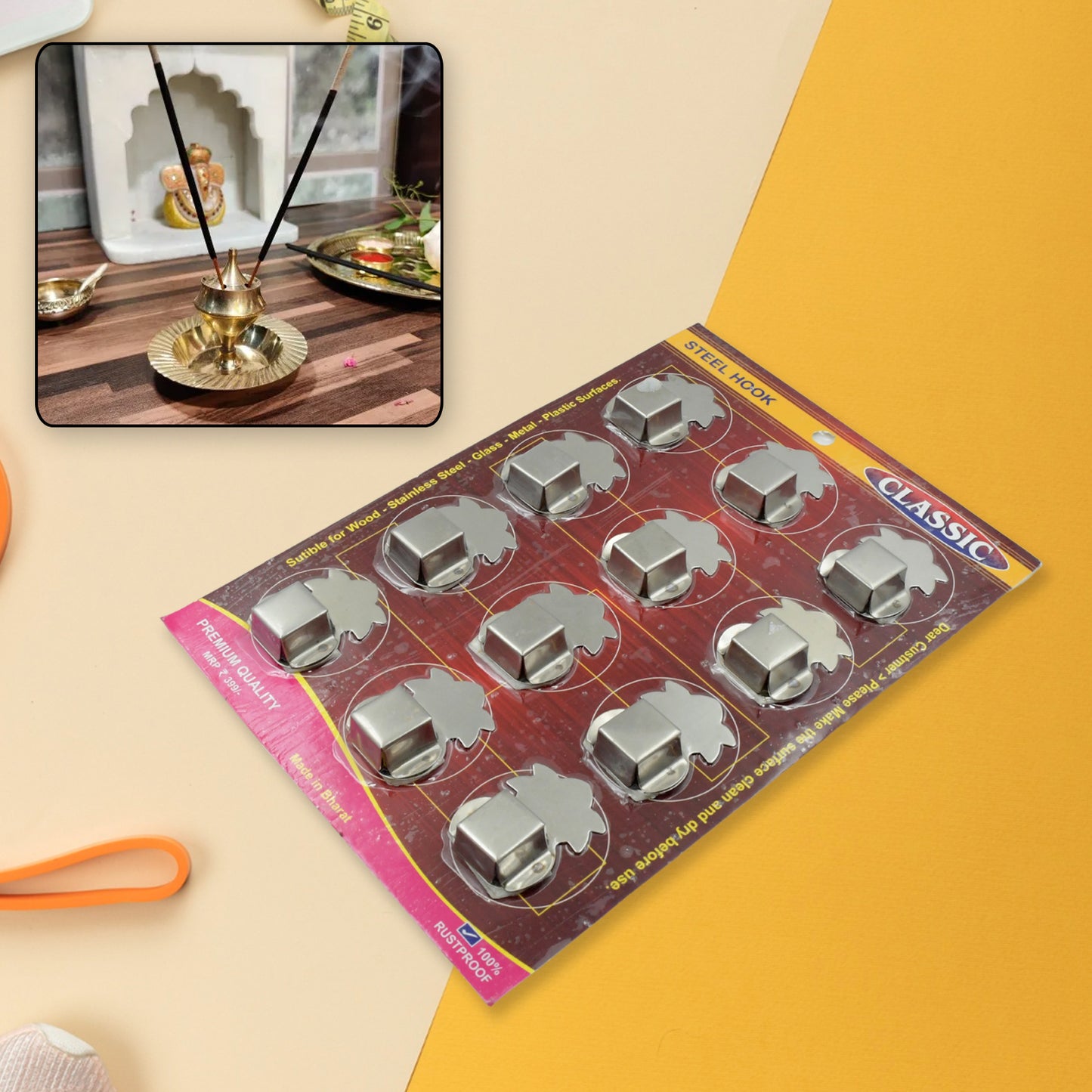 Wukusy stainless steel wall-mounted Agarbatti stand with 3 slots, self-adhesive hooks, pack of 12 for home incense holder display.