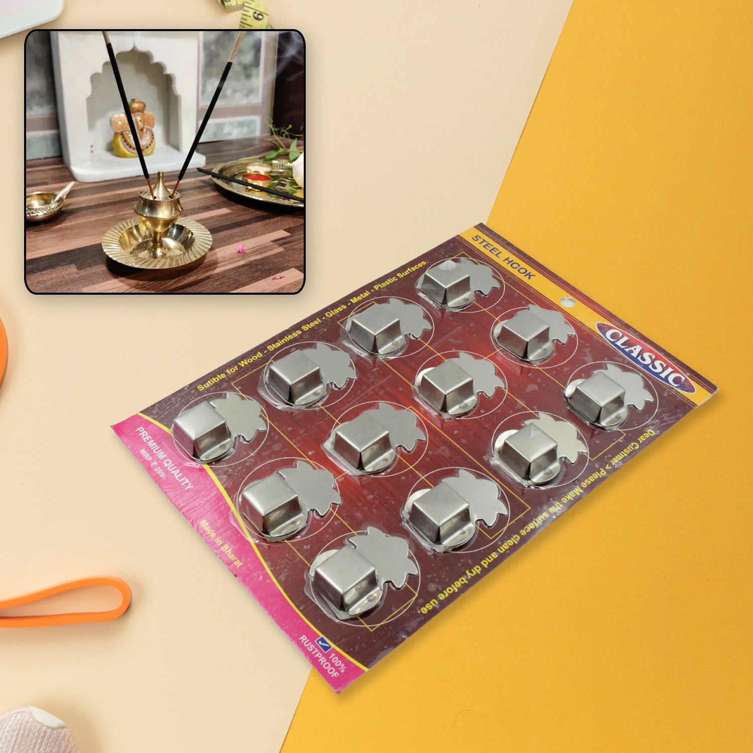 Wukusy stainless steel wall-mounted Agarbatti stand with 3 slots, self-adhesive hooks, pack of 12 for home incense holder display.