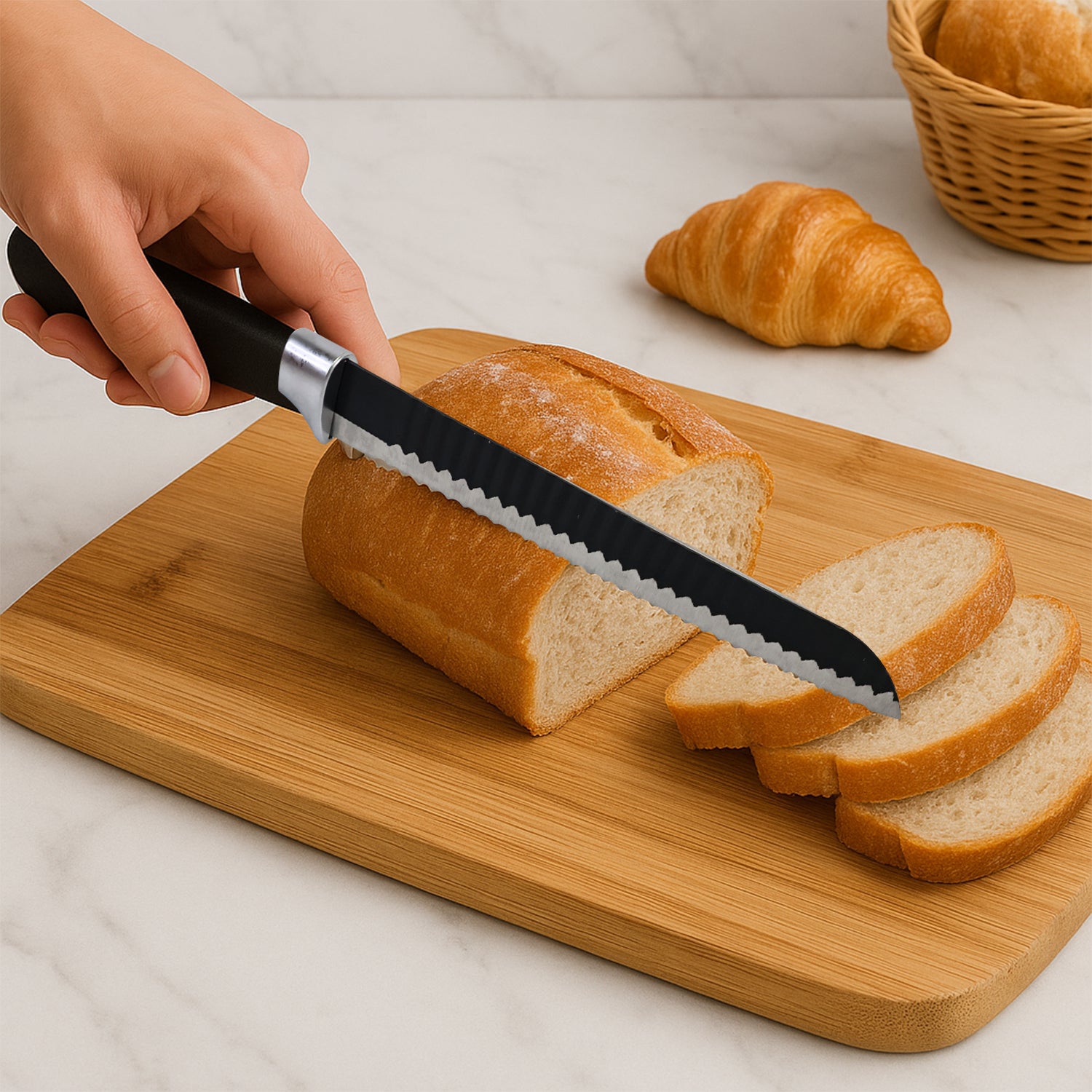 Wukusy premium 32 cm serrated bread knife with ergonomic handle, ideal for slicing bread and baked goods in the kitchen