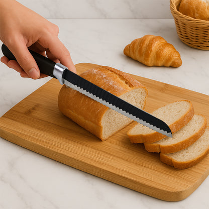 Wukusy premium 32 cm serrated bread knife with ergonomic handle, ideal for slicing bread and baked goods in the kitchen
