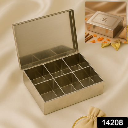 Wukusy stainless steel jewelry storage organizer box with six compartments for rings, necklaces, and small accessories.