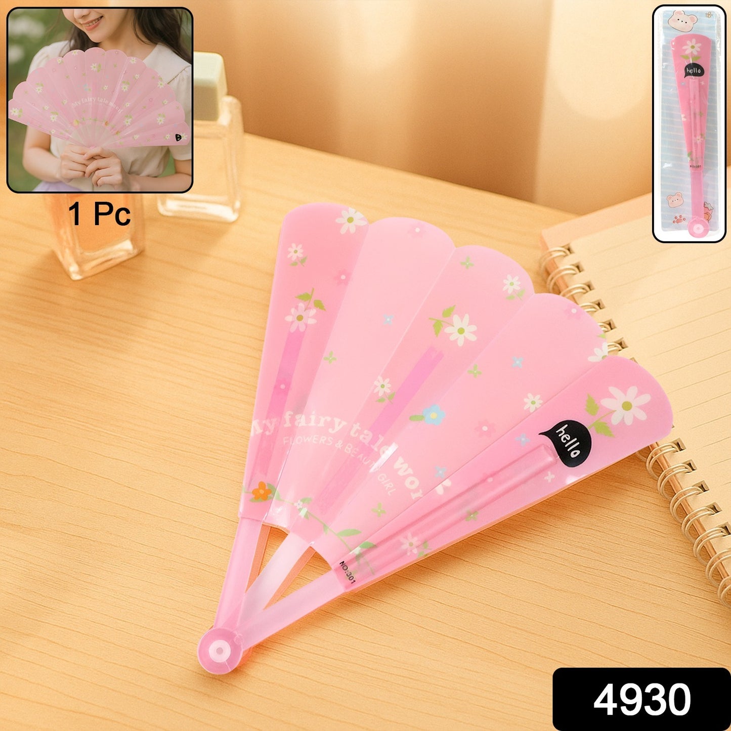 Foldable hand fan with colorful floral print from Wukusy, showing intricate floral patterns on lightweight, portable design.
