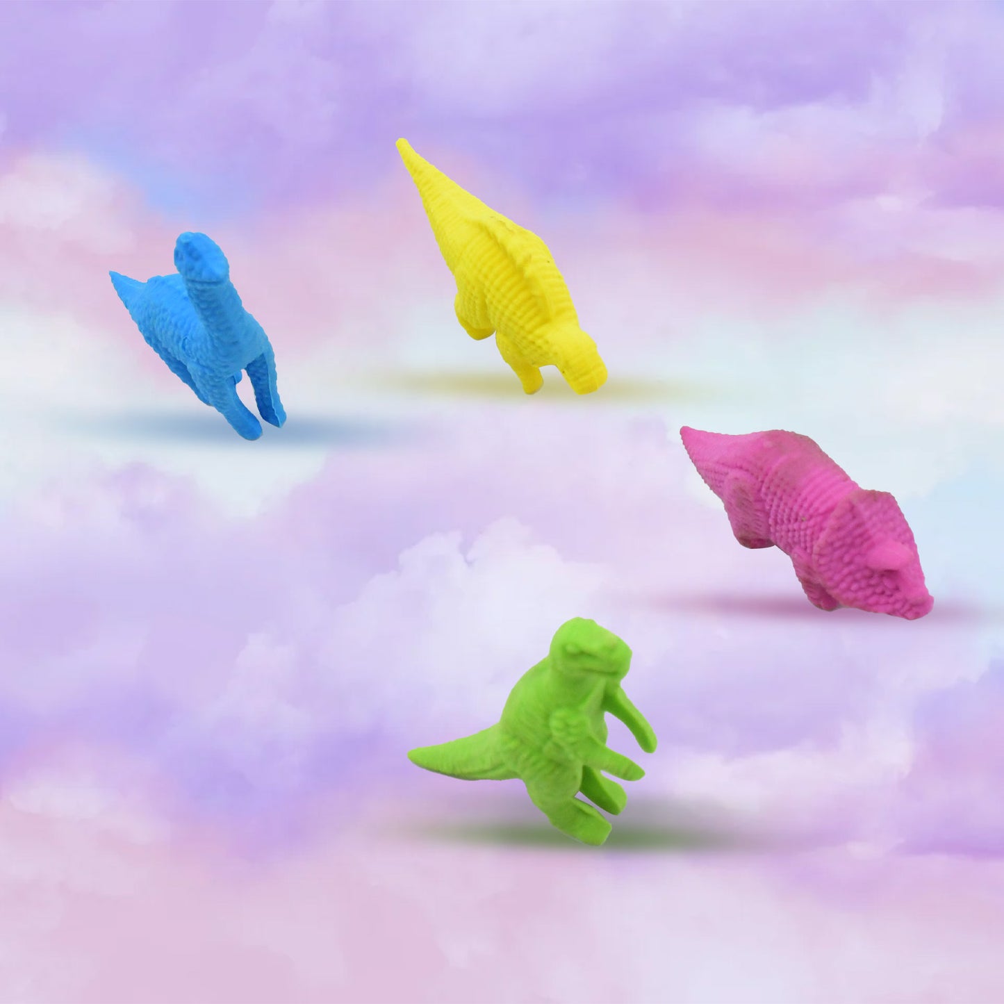 Set of four Wukusy small dinosaur-shaped erasers, colorful animal erasers, soft, non-dust stationery for kids and students.