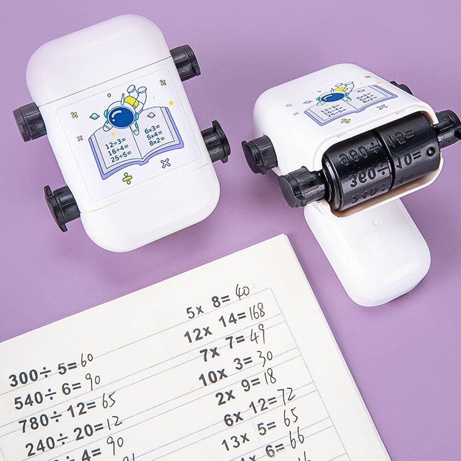 Kids Wukusy educational automatic math problem rolling stamp showing colorful numbers and math symbols on a white background.