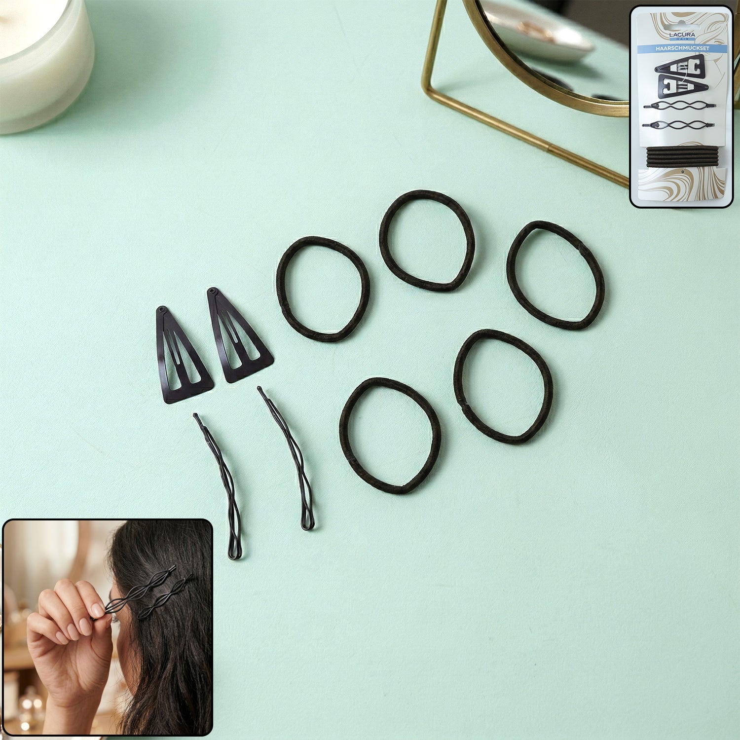 Wukusy multipurpose hair styling accessories set with hair clips, elastics, and pins arranged on a clean background.