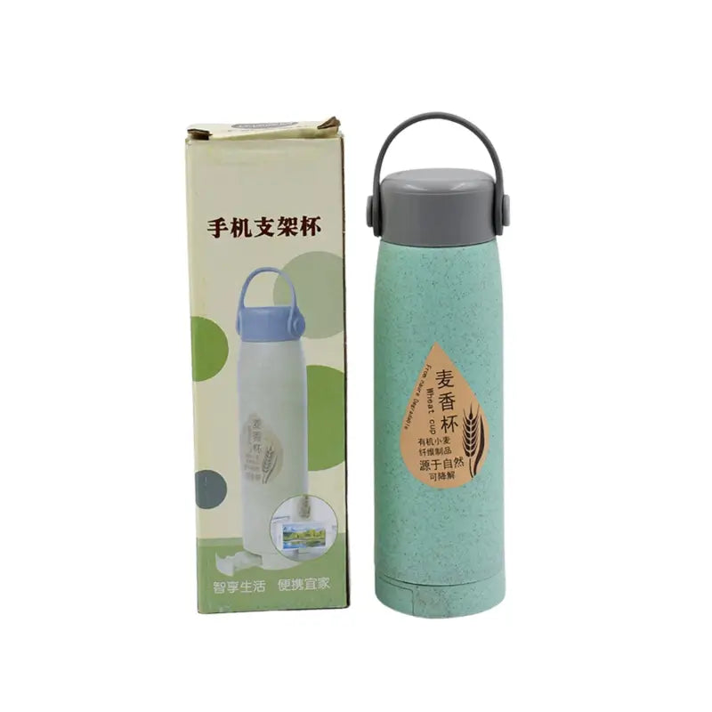 Ekom high portable 380ml glass water bottle with wheat fragrance design, wide mouth, mobile phone holder, suitable for kitchen and dining.