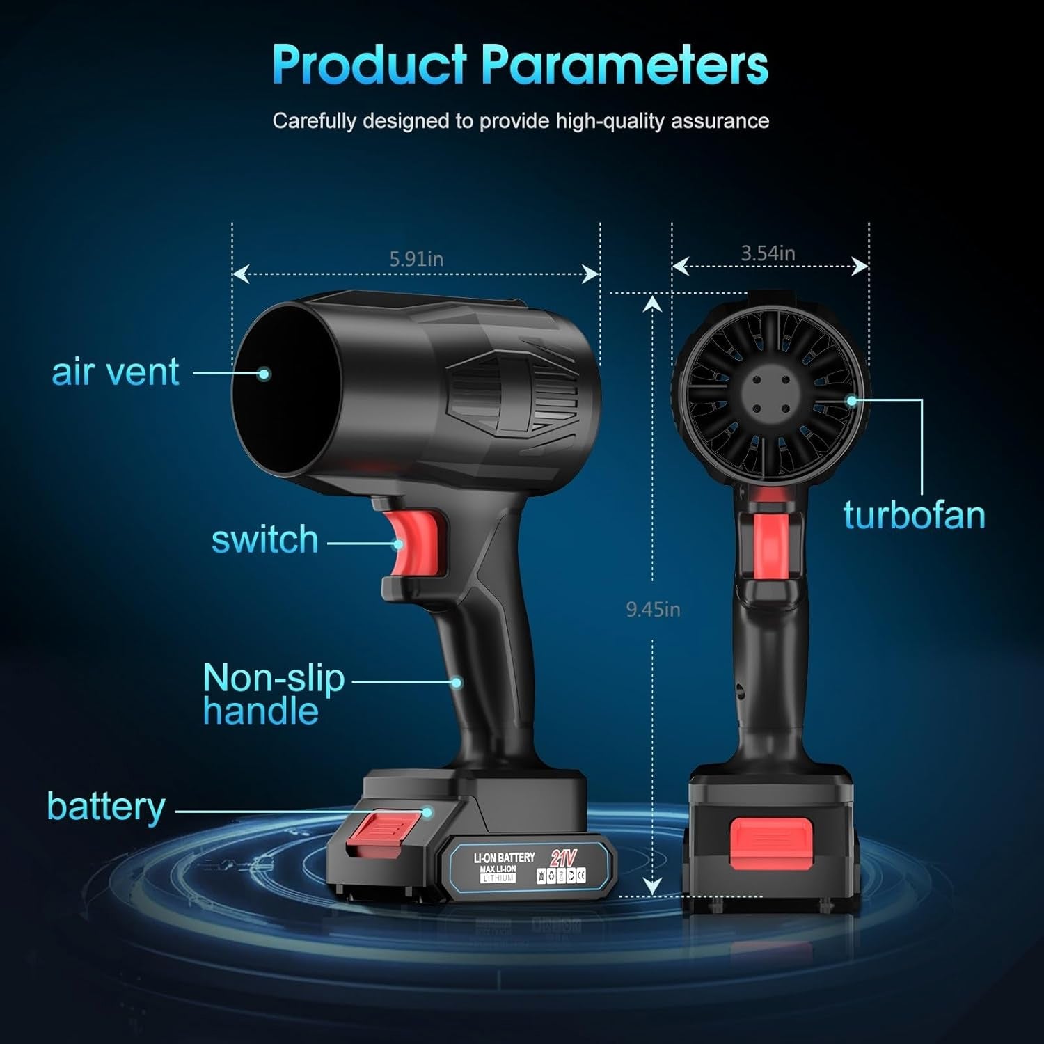 Wukusy high-power cordless leaf blower fan with rechargeable battery, showing the compact design and handheld operation.