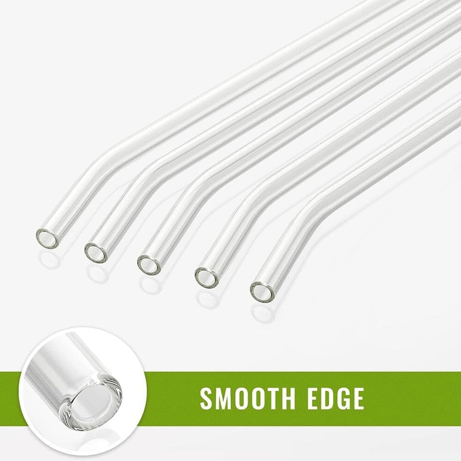 Set of five clear plastic reusable glass drinking straws from Wukusy, showcasing sleek, transparent straws with smooth curves.