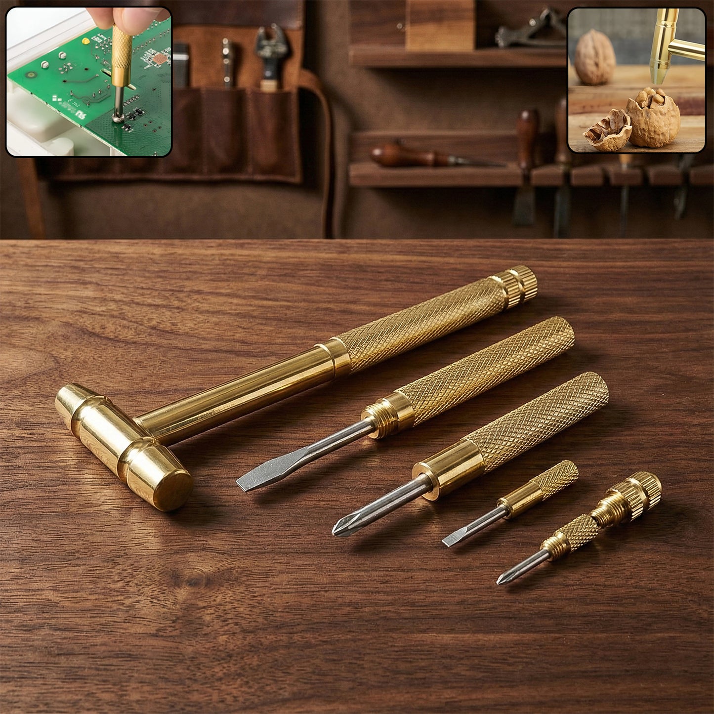 Wukusy 5-in-1 small hammer tool with interchangeable screwdriver bits, compact and versatile for household and DIY tasks.