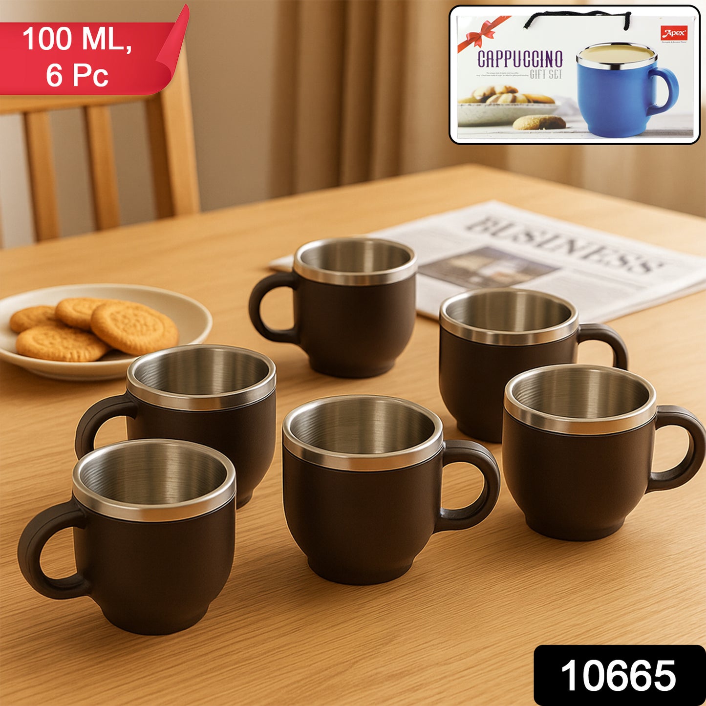 Set of six Wukusy Apex Premium stainless steel double wall cappuccino mugs, 100ml each, in a stylish home and kitchen gift set.