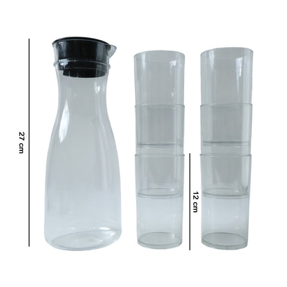Wukusy Prexo plastic water jug with six 300ml drinking glasses, 1000ml capacity, clear and durable for everyday use