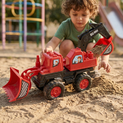 Wukusy Mega Mover construction excavator toy truck for kids, featuring a detailed yellow and black design with movable parts.