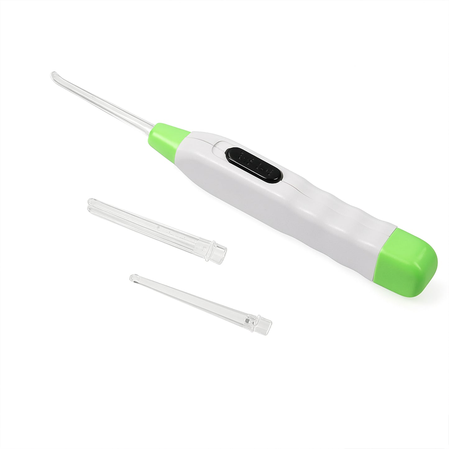 Wukusy 5-in-1 LED flashlight earpick with interchangeable transparent ear wax removal heads on a white background.