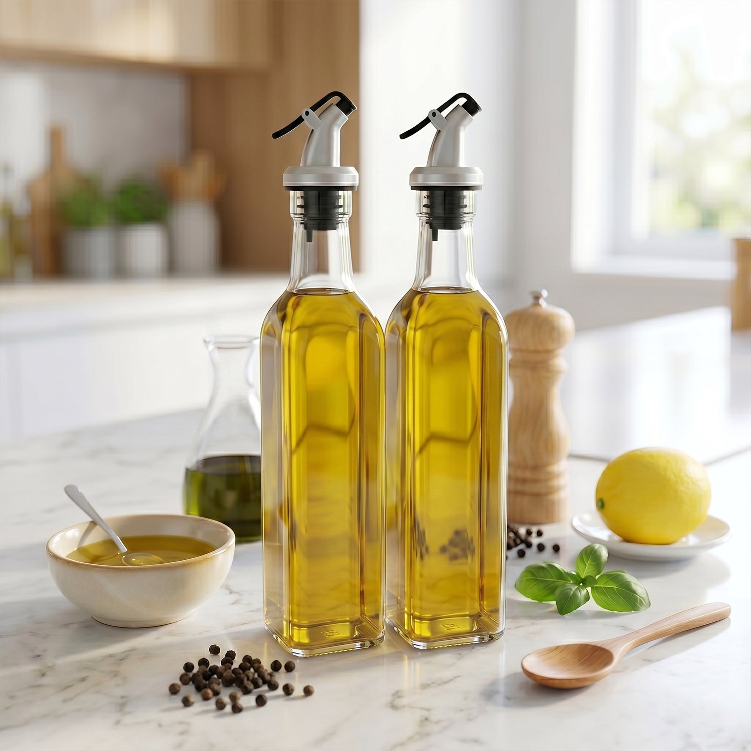 Two transparent Wukusy glass oil dispenser bottles with leak-proof design, ideal for olive oil and vinegar.