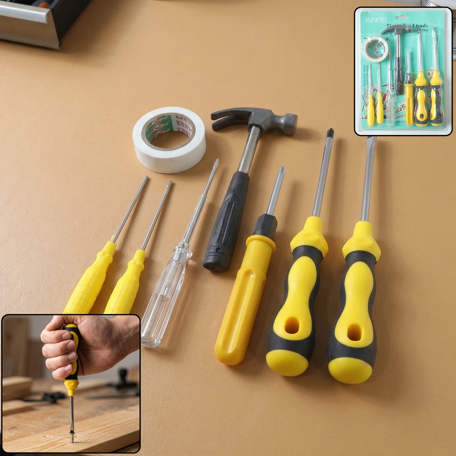 Wukusy 8-in-1 hand tool kit set with screwdriver, hammer, and repair tools in mixed colors, compact and versatile for home repairs.