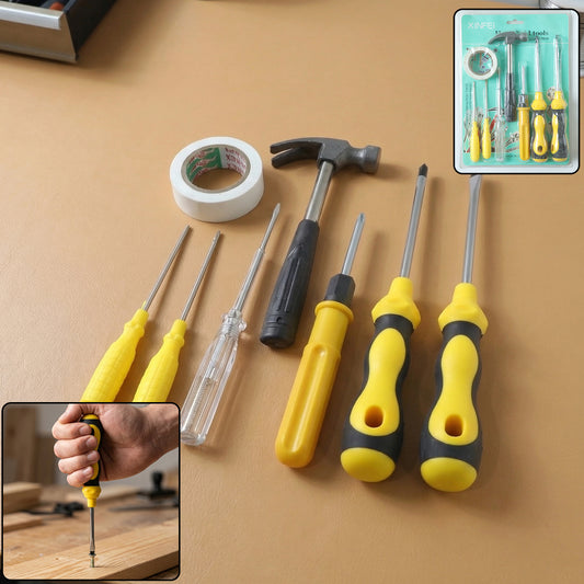 Wukusy 8-in-1 hand tool kit set with screwdriver, hammer, and repair tools in mixed colors, compact and versatile for home repairs.