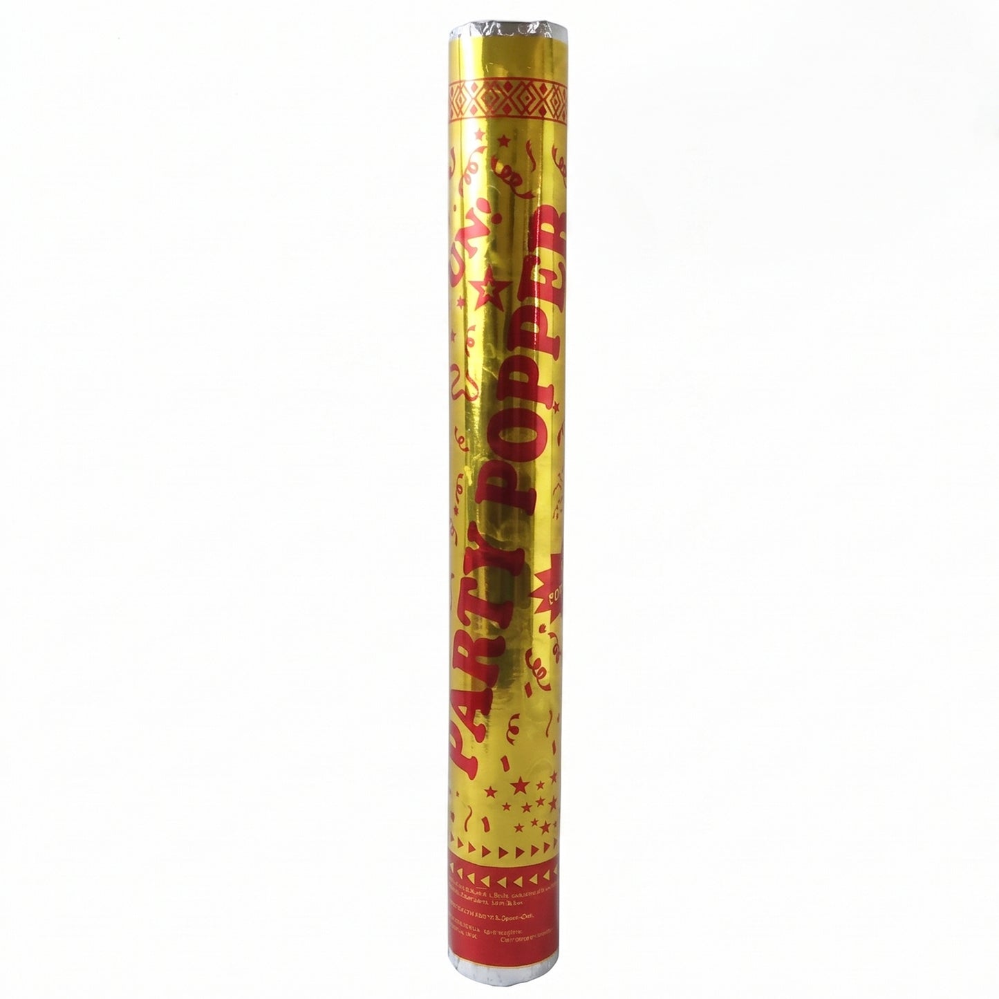 Golden party popper confetti cannon by Wukusy, ready for birthday or celebration, with colorful confetti bursting from the shooter.