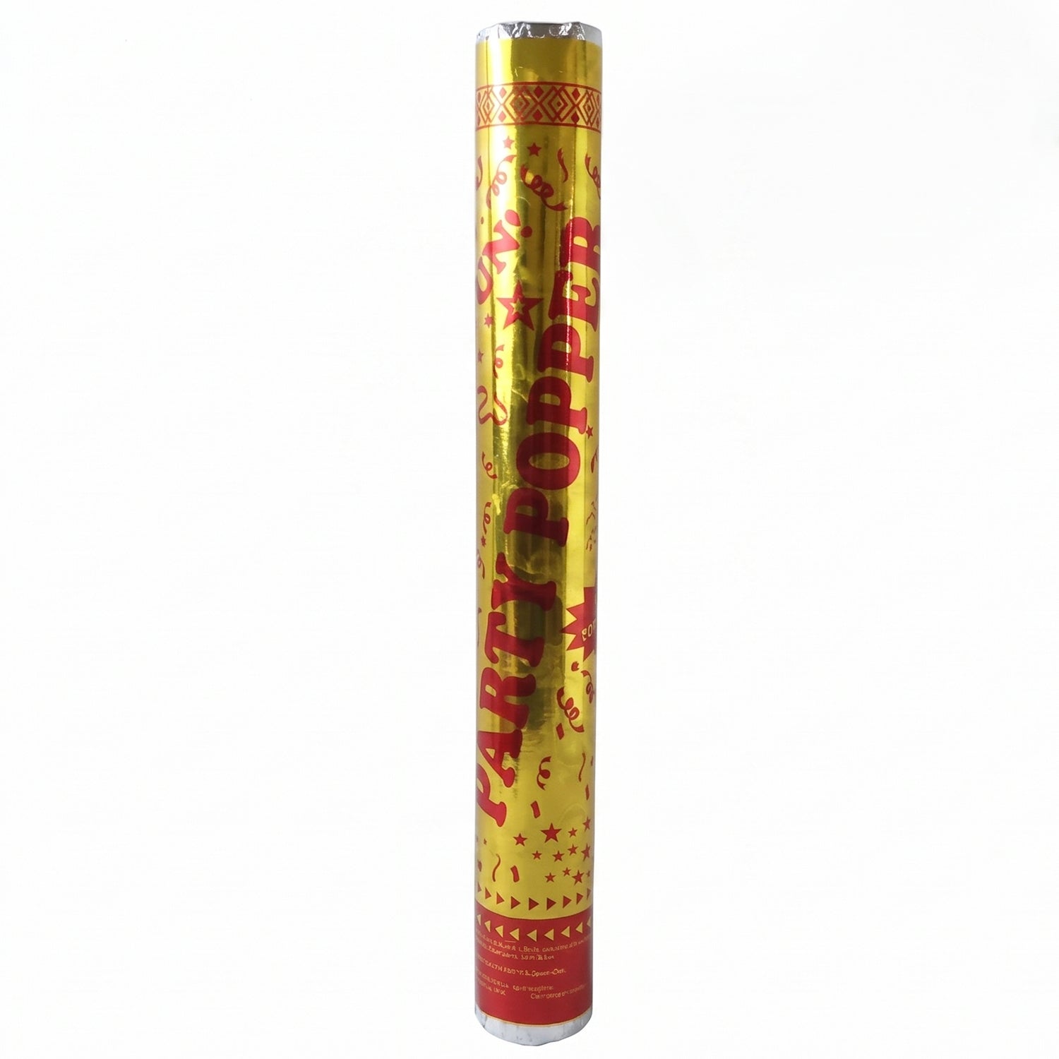 Golden party popper confetti cannon by Wukusy, ready for birthday or celebration, with colorful confetti bursting from the shooter.