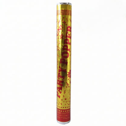Golden party popper confetti cannon by Wukusy, ready for birthday or celebration, with colorful confetti bursting from the shooter.