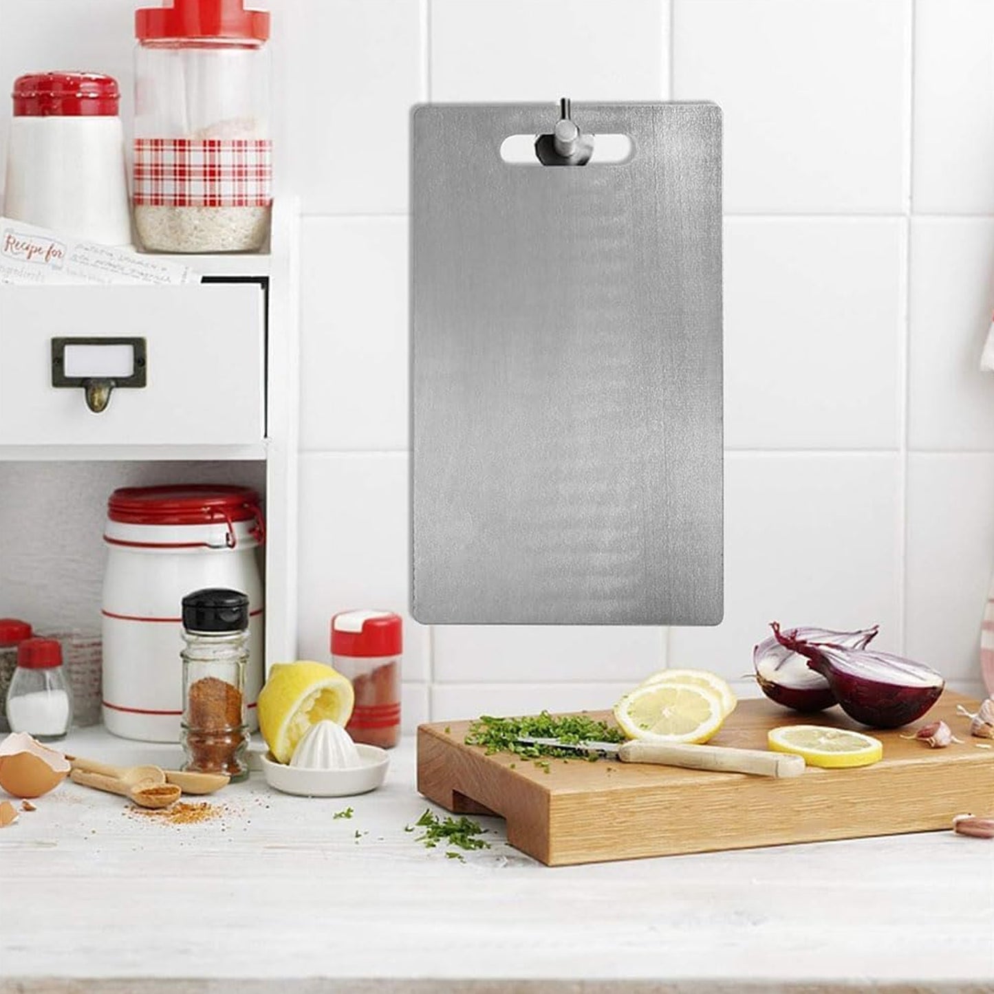Wukusy Supermom Medium Stello stainless steel chopping board for kitchen prep, durable and sleek cooking surface.