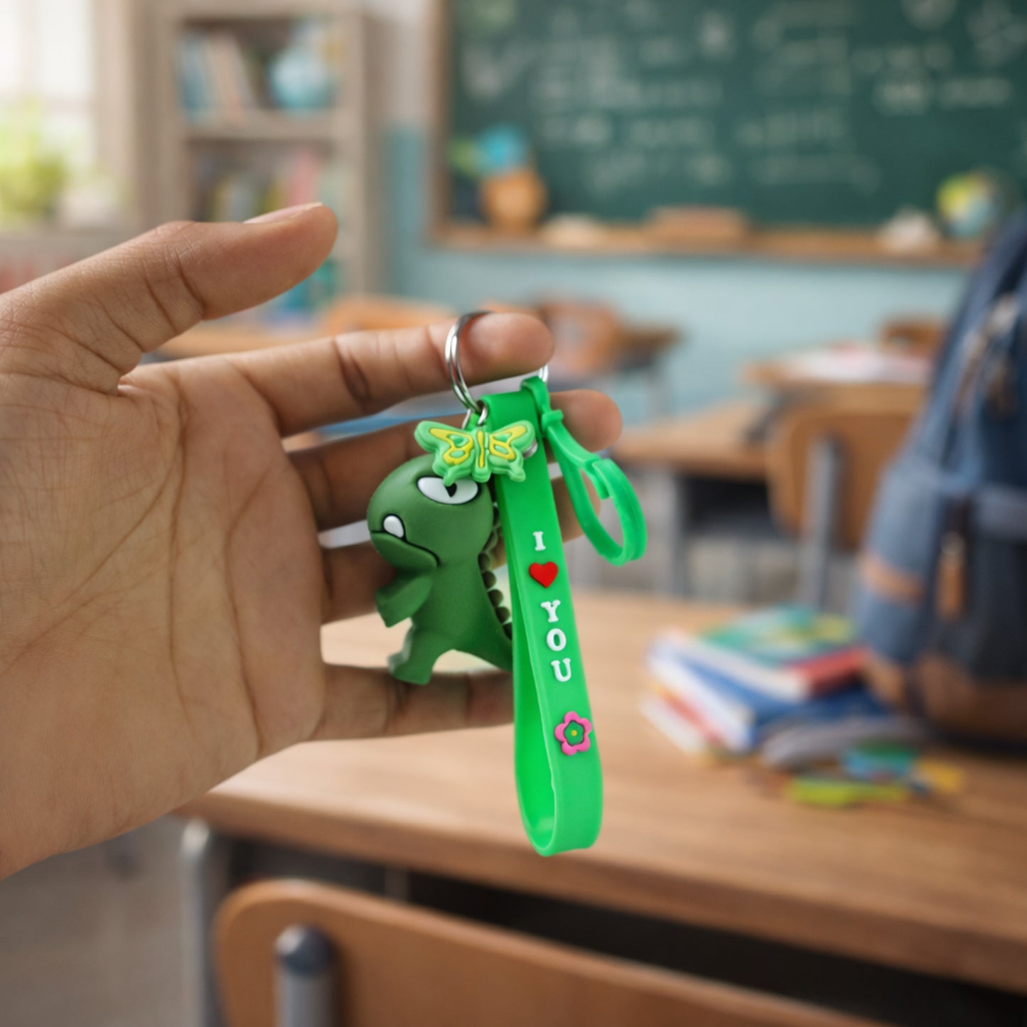 Cute dinosaur cartoon keychain with silicone strap by Wukusy, featuring a colorful dinosaur design and a sturdy keyring.