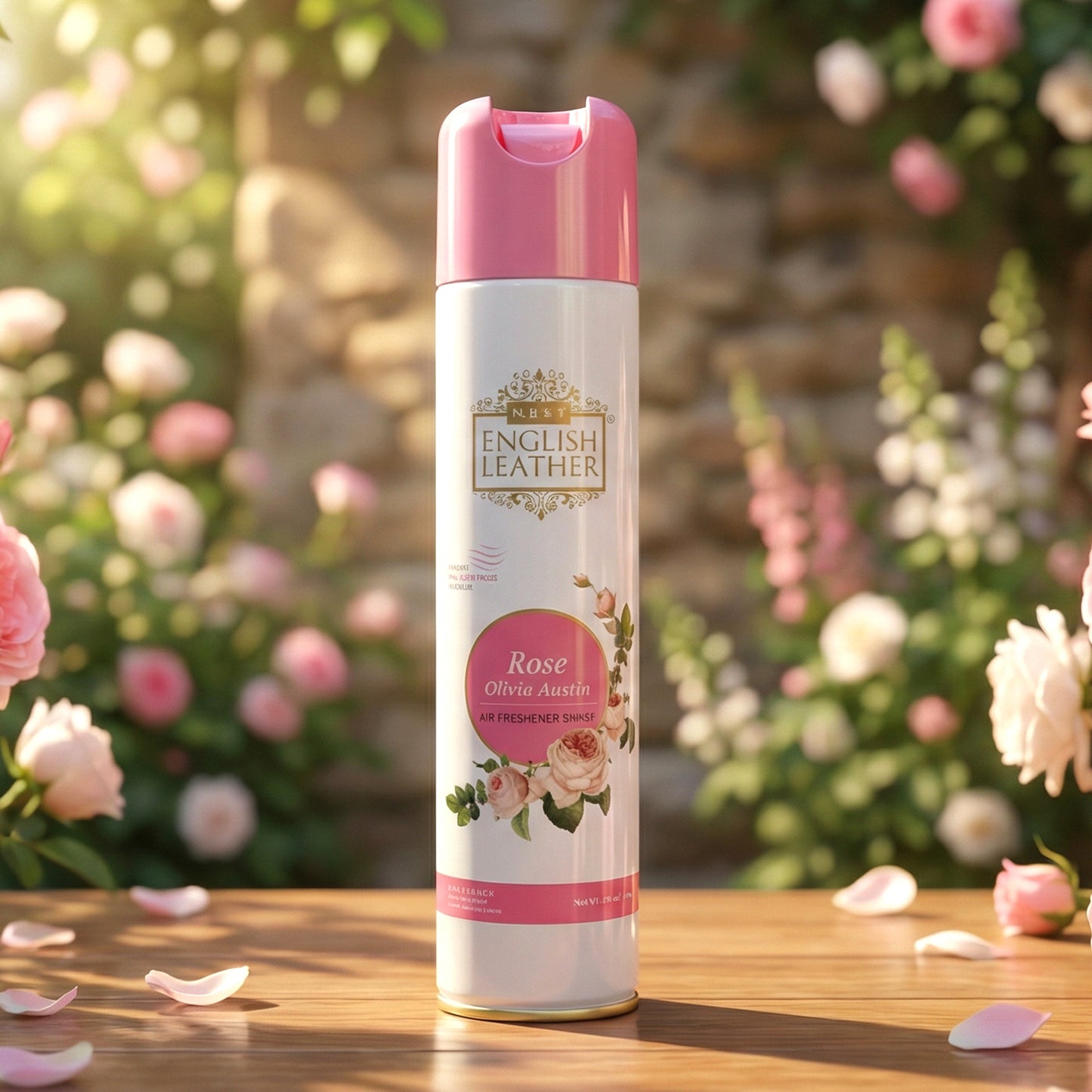 Wukusy Next Premium English Leather Rose air freshener spray bottle, 220ml, with elegant floral design and sleek packaging.