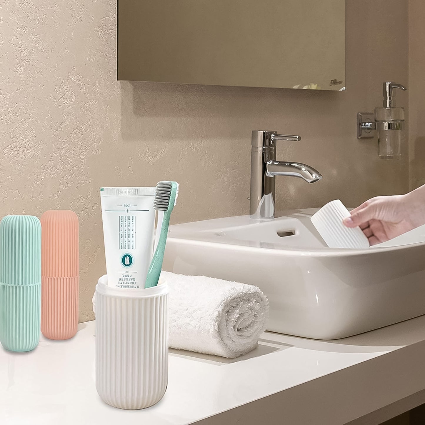 Set of three multicolor capsule-shaped travel toothbrush and toothpaste cases by Wukusy, ideal for compact home or travel storage.