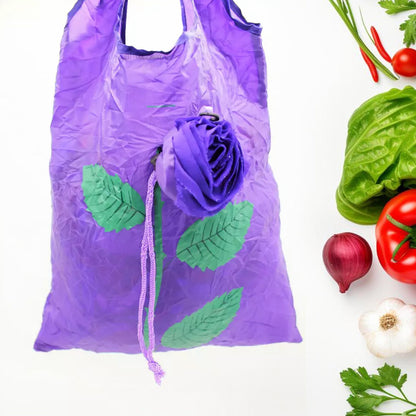 Foldable nylon shopping bag with cute rose design, large reusable tote from Wukusy, folds into pocket-sized travel and grocery carry bag