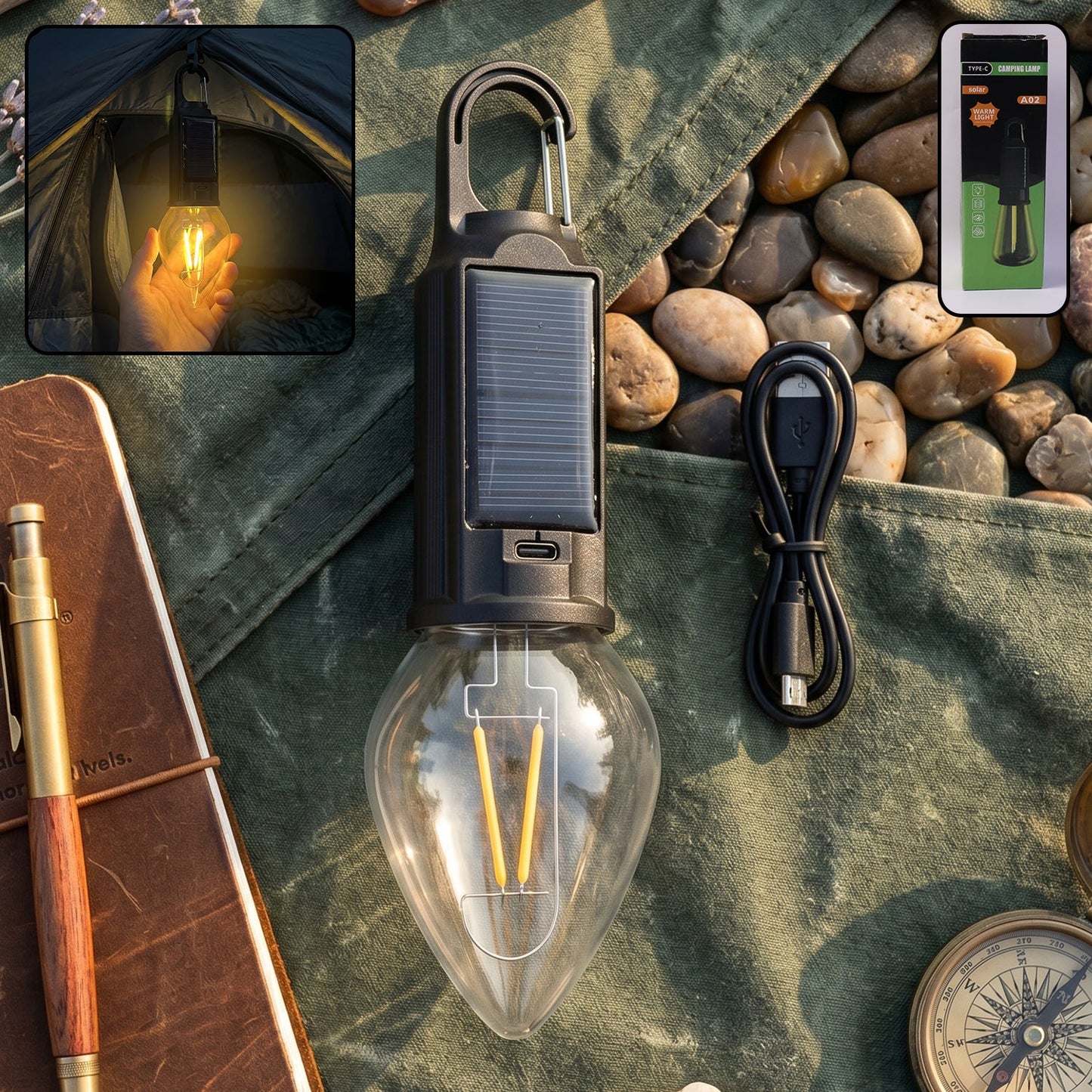 Wukusy solar rechargeable camping lamp with carabiner clip, warm LED light, compact outdoor light for camping and hiking.