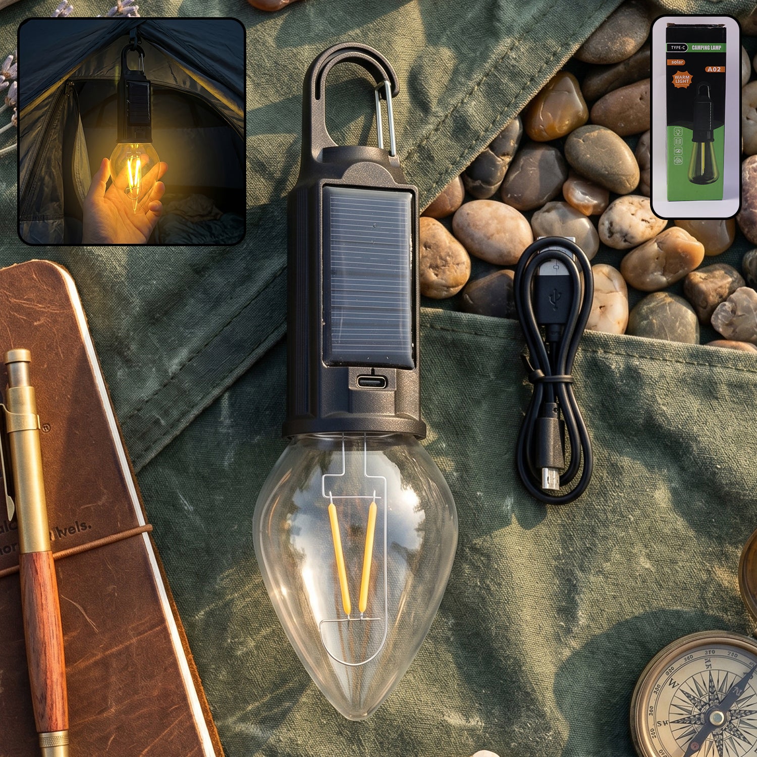Wukusy solar rechargeable camping lamp with carabiner clip, warm LED light, compact outdoor light for camping and hiking.