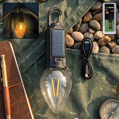 Wukusy solar rechargeable camping lamp with carabiner clip, warm LED light, compact outdoor light for camping and hiking.
