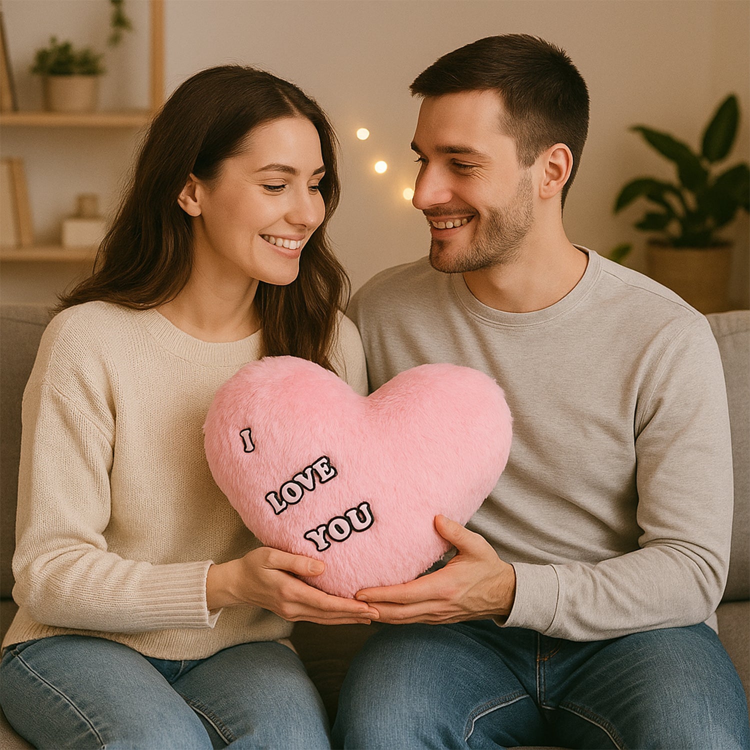 Soft plush heart-shaped cushion with "I Love You" embroidery by Wukusy, perfect for cozy home decor and comfort.