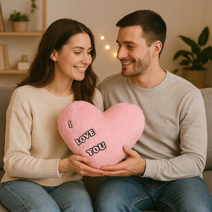 Soft plush heart-shaped cushion with "I Love You" embroidery by Wukusy, perfect for cozy home decor and comfort.