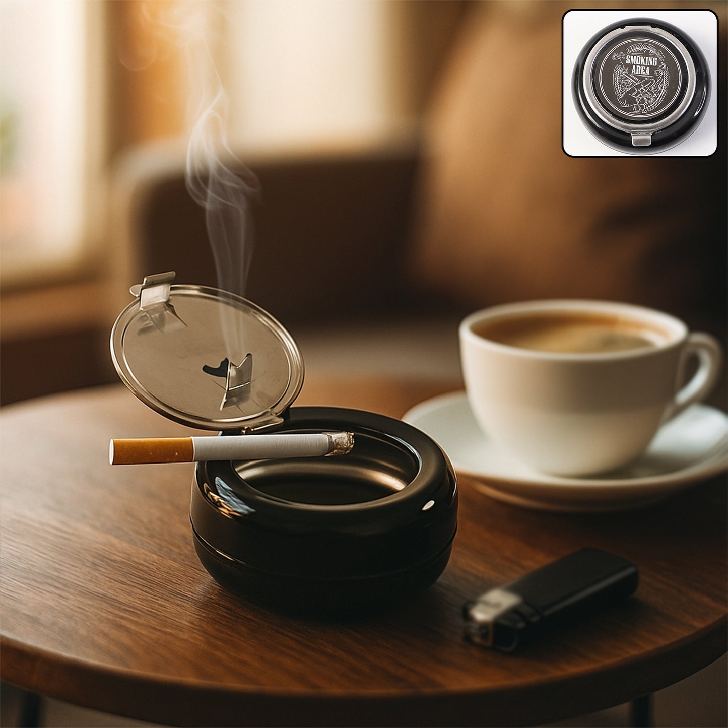 Round smokeless ashtray with lid from Wukusy, made of durable material, featuring a sleek design for home improvement use.