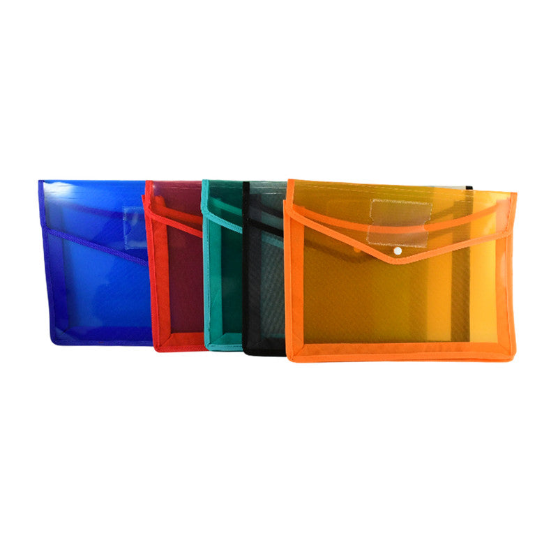 Transparent Wukusy document file folder with multi-color button closure, showing colorful file bags for organization.