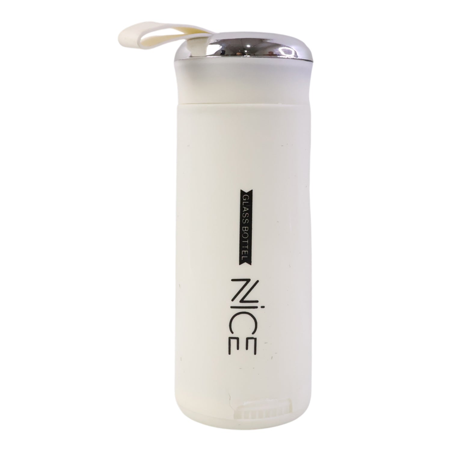 White glass water bottle by Wukusy, 400 ml capacity, with a sleek, transparent design and secure screw-on lid.