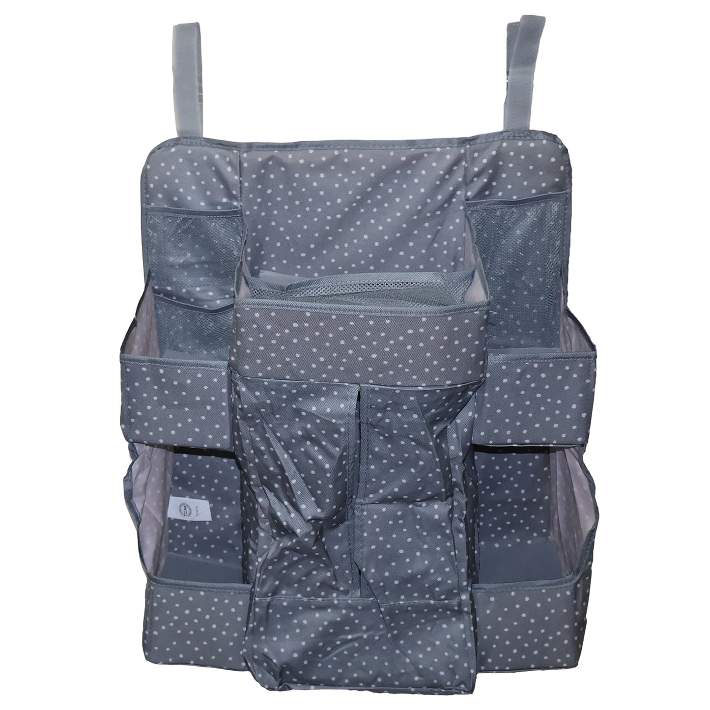 Wukusy multi-pocket hanging baby care organizer with multiple compartments for baby essentials, hanging on a closet door.