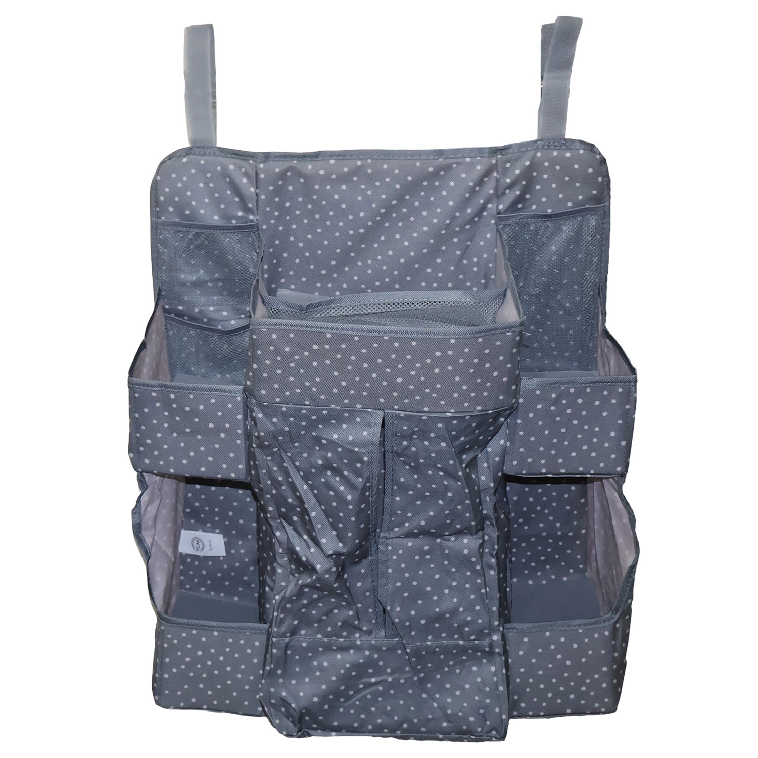 Wukusy multi-pocket hanging baby care organizer with multiple compartments for baby essentials, hanging on a closet door.