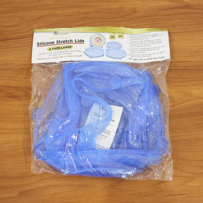 Four reusable Wukusy silicone stretch lids fitting various bowl sizes, flexible, airtight, and eco-friendly for food storage.