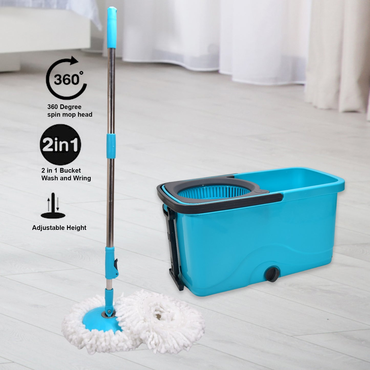 Wukusy Quick Spin Mop with plastic spin bucket, easy wheels, and large bucket for efficient floor cleaning in home improvement.