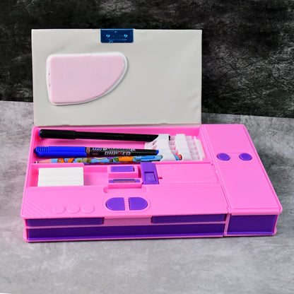 Wukusy space-themed multi-functional pencil box with built-in calculator for office use, featuring space graphics and storage compartments.