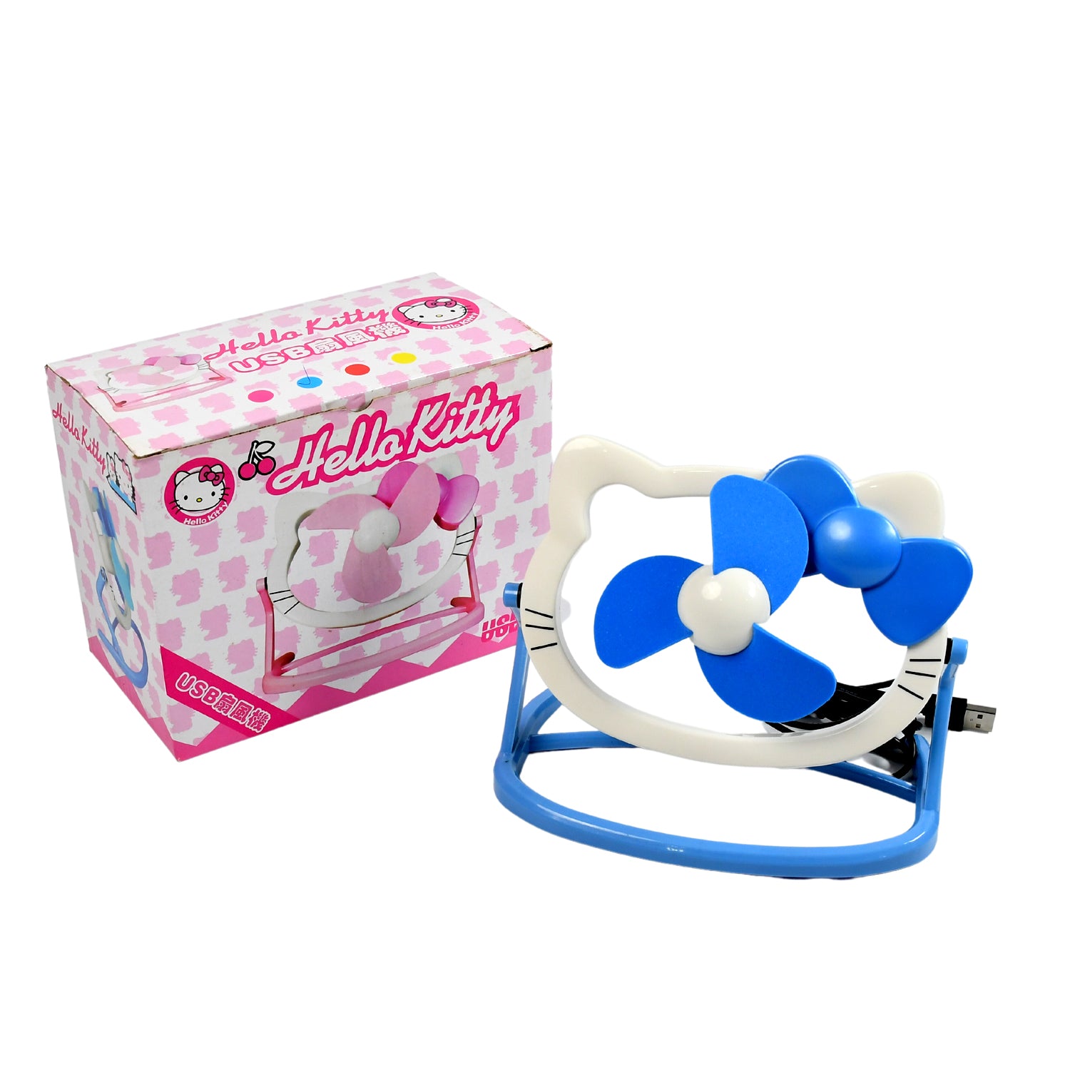 Brightly colored Hello Kitty cartoon desktop fan by Wukusy, compact USB mini fan for home or office use.