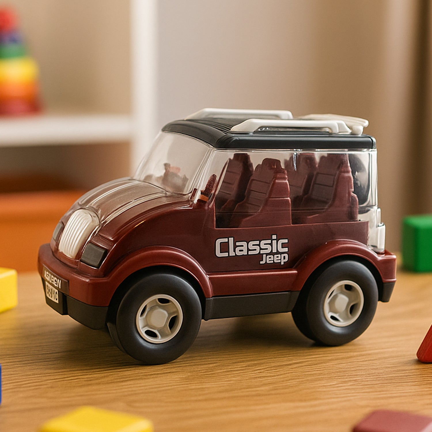 Wukusy friction-powered classic Jeep toy car for kids, detailed red and black toy vehicle with realistic Jeep design.