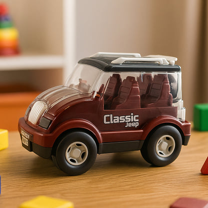Wukusy friction-powered classic Jeep toy car for kids, detailed red and black toy vehicle with realistic Jeep design.