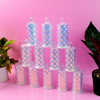 Set of 12 smokeless LED candles for home decor by Wukusy, showcasing warm light and realistic flickering flame effects.
